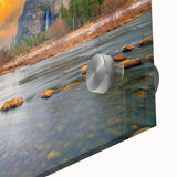Large abstract depiction of Yosemite in muted earth tones on acrylic glass, suitable for dining room art.