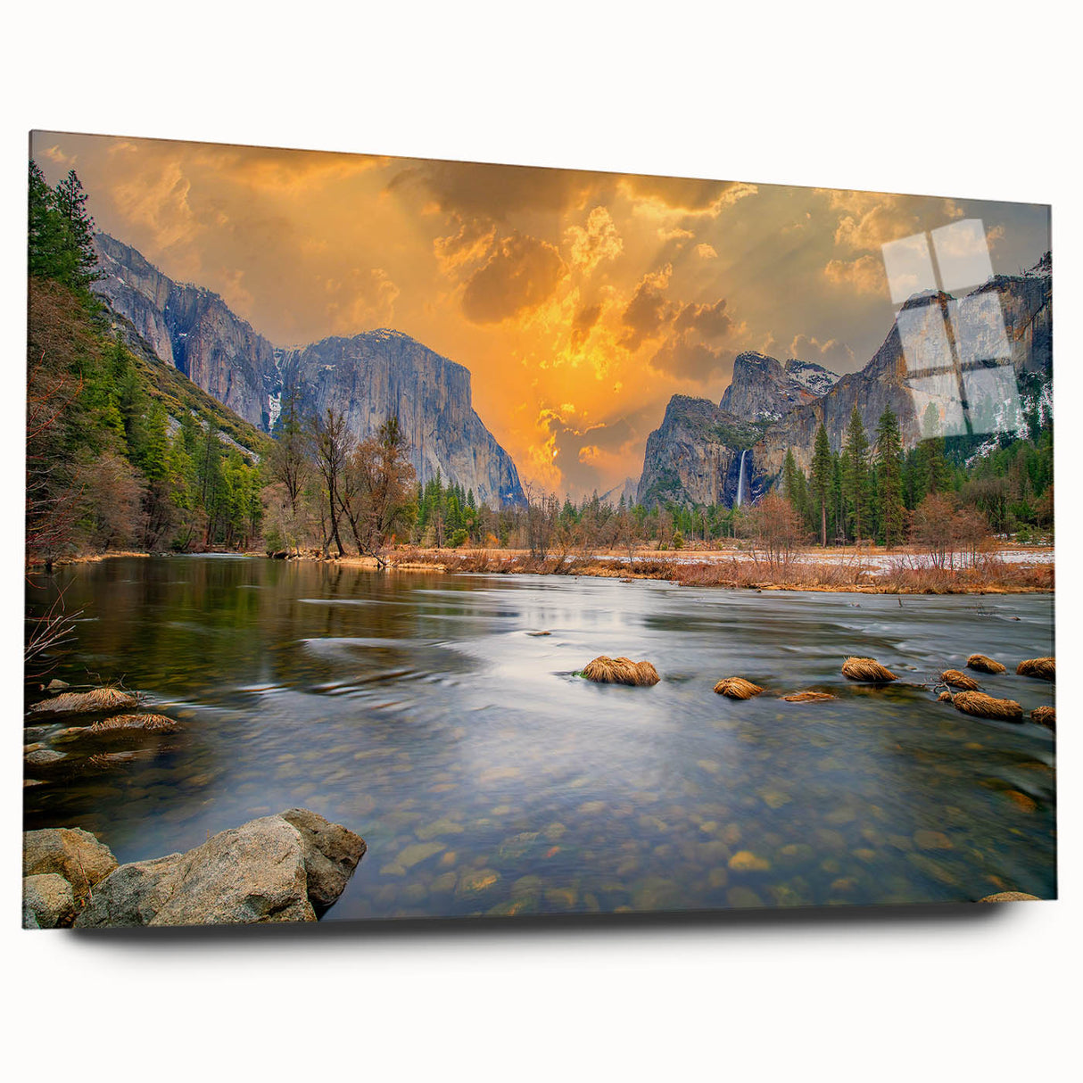 Large abstract depiction of Yosemite in muted earth tones on acrylic glass, suitable for bedroom or dining room art.