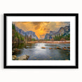 Extra large, textured abstract art print of Yosemite scenery in vibrant colors on a black framed canvas.