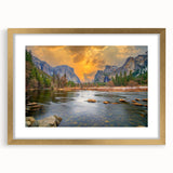 Extra large wall art of Yosemite scenery in textured abstract style, with gold frame, ideal for living room decor.
