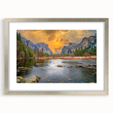 Textured art depicting an abstract Yosemite scenery in muted earth tones on a framed silver mat, ideal for bedroom art.