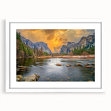 Abstract art print of Yosemite scenery in muted earth tones on a white framed canvas, ideal for dining room decor.