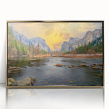 Large art print of Yosemite scenery in mid-century modernist style, with muted earth tones on framed acrylic.