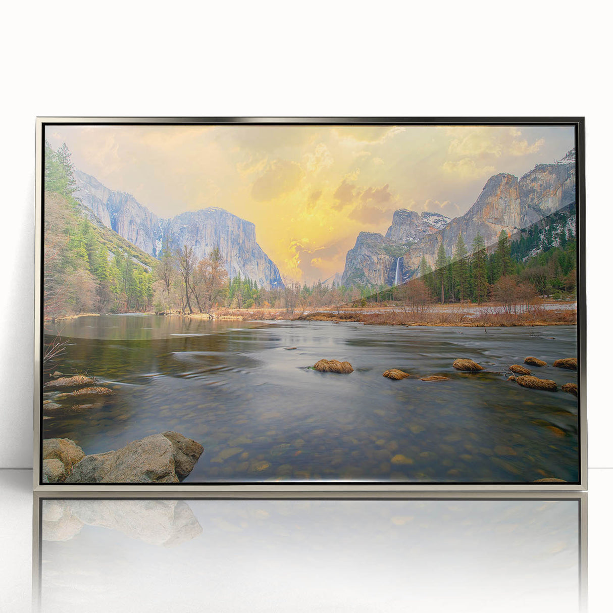 Mid-century modernist art of Yosemite landscape in muted earth tones on a framed acrylic print.