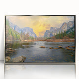 Mid-century modernist art of Yosemite landscape in muted earth tones on a framed acrylic print.