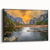 Black and white wall art featuring a vintage poster of Yosemite landscape on framed canvas, ideal for bedroom decor.