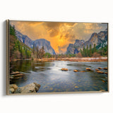 Framed canvas depicting a Yosemite landscape in muted earth tones, ideal for bedroom wall art.