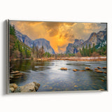 Framed canvas featuring a vintage-style landscape painting of Yosemite with a palette of colorful and black tones.