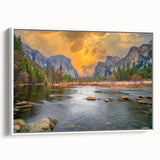 Vintage poster art of Yosemite with colorful art on white framed canvas, ideal for living room decor.