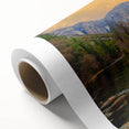 Art Deco style poster of Yosemite scenery on rolled canvas, featuring muted earth tones, ideal for nursery wall art.