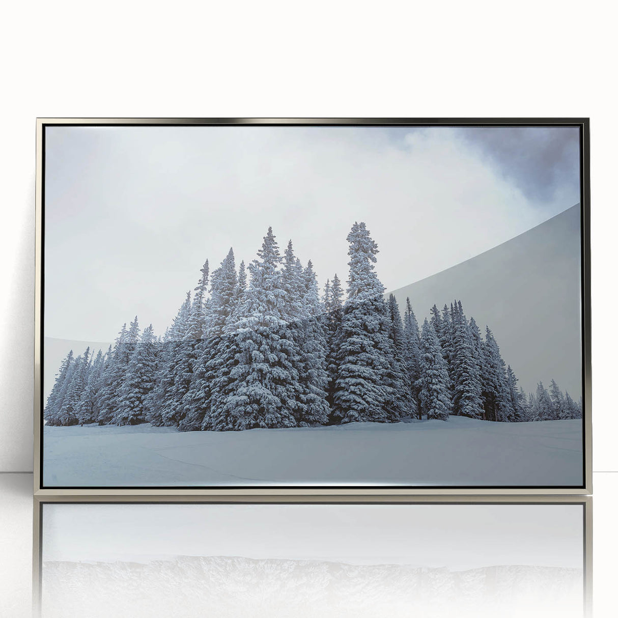 Mid-century modernist art depicting Vail, Colorado in muted earth tones on a silver-framed acrylic print.