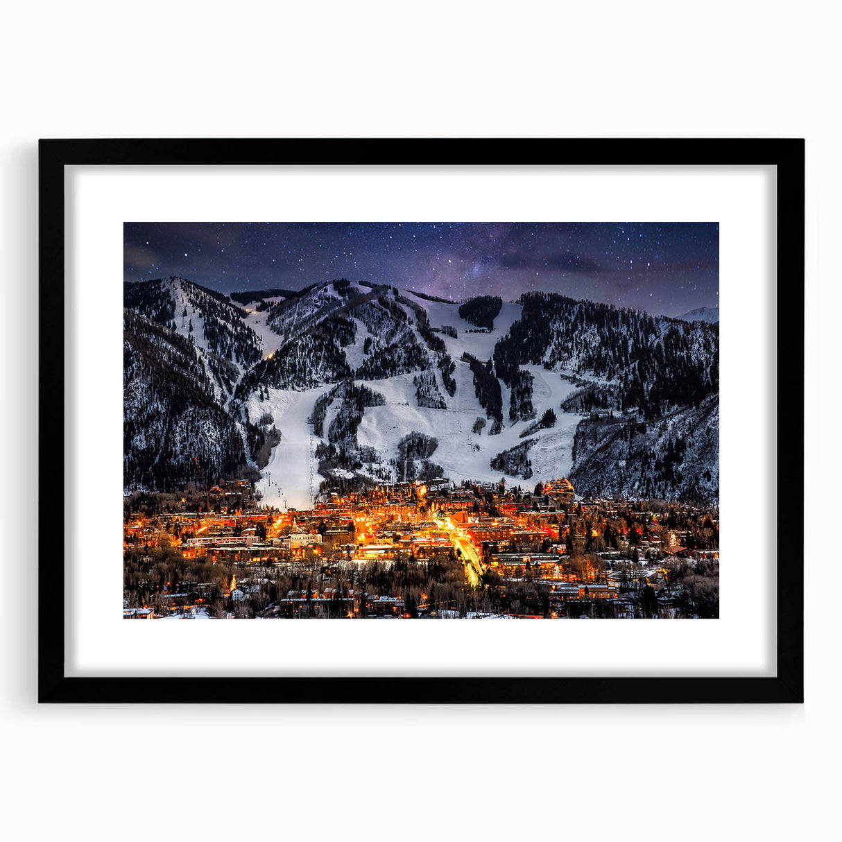 Extra large abstract art print depicting colorful, textured scenery of Aspen, Colorado on a black framed canvas.