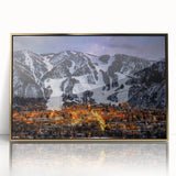 Large art print of Aspen, Colorado scenery in gold frame, acrylic, with mid-century modernist style.