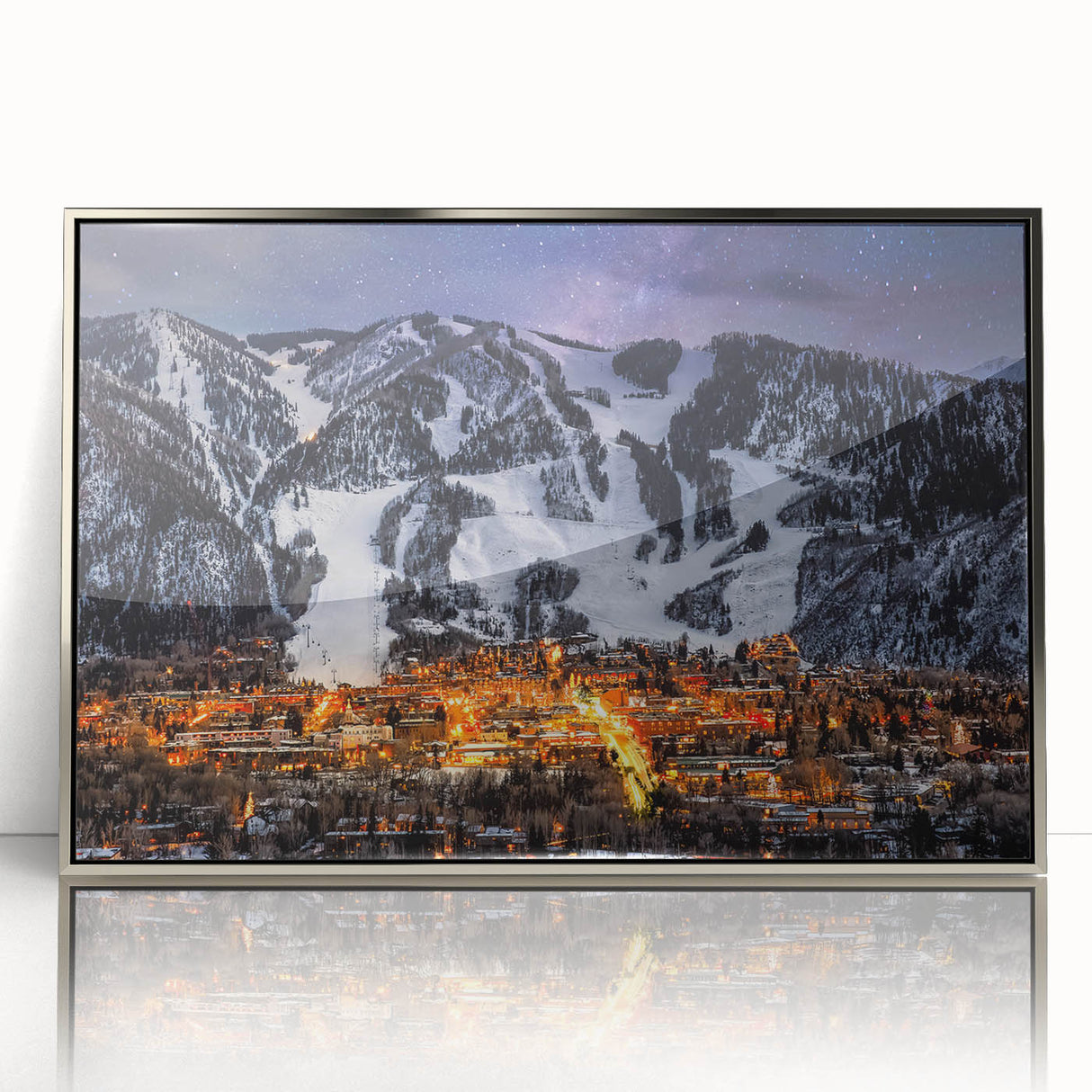 Mid-century modernist art depicting Aspen, Colorado scenery in muted earth tones on a framed acrylic panel.