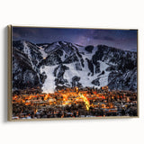 Framed canvas depicting a vintage-style landscape of Aspen, Colorado, in muted gold and black tones, ideal for bedroom decor.
