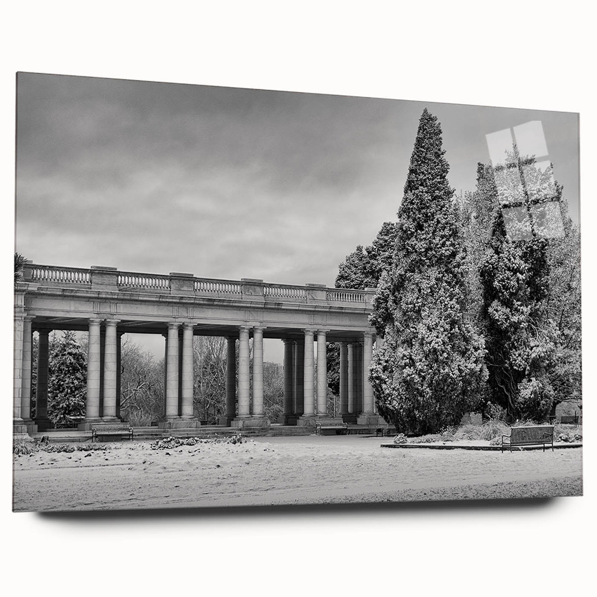 Large abstract depiction of Denver skyline in muted blue and gray tones on acrylic glass.