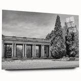 Large abstract depiction of Denver skyline in muted blue and gray tones on acrylic glass.