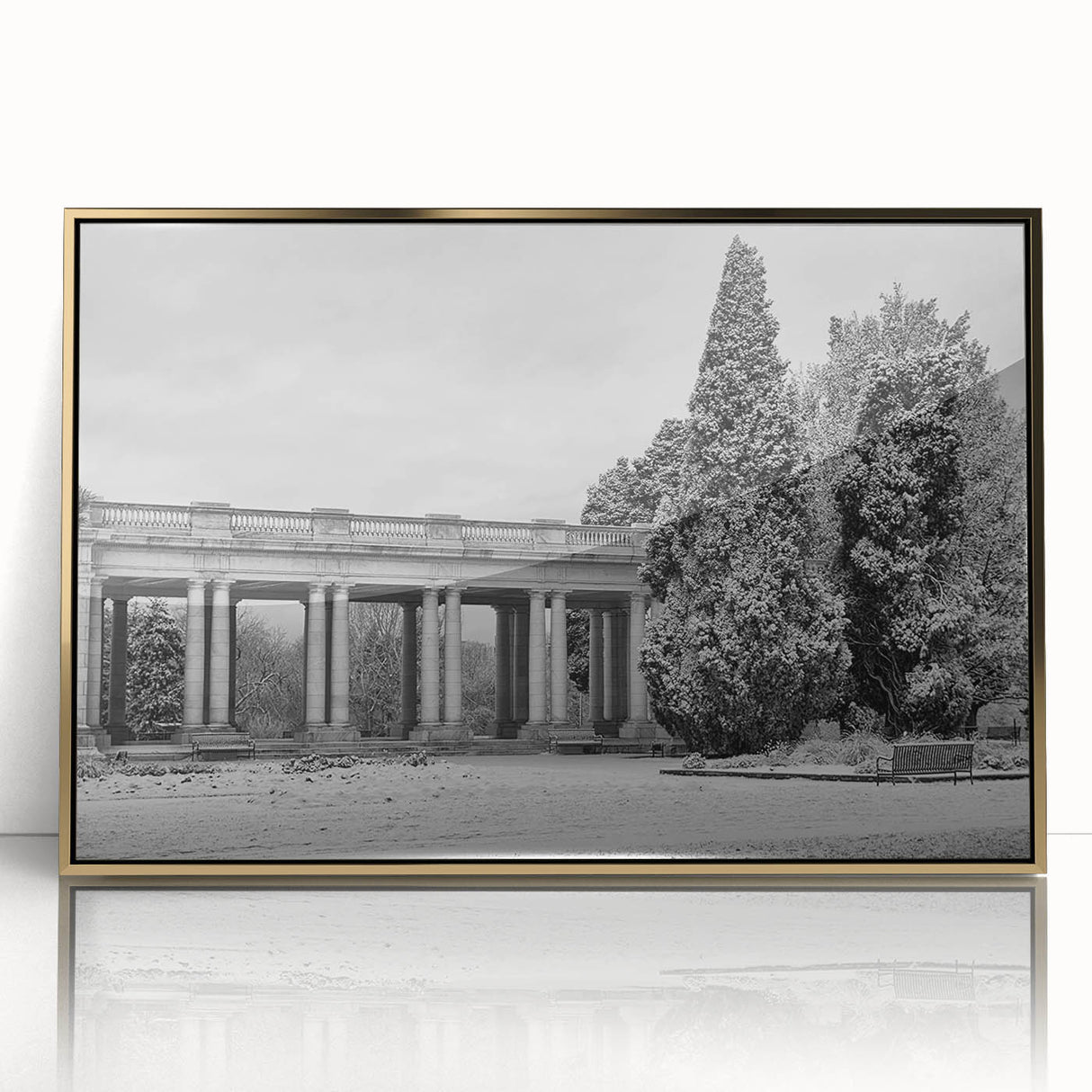 Large acrylic print of Denver skyline in gold and blue tones, framed, mid-century modernist style.