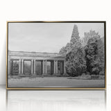 Large acrylic print of Denver skyline in gold and blue tones, framed, mid-century modernist style.