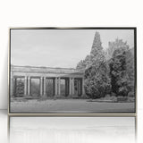 Mid-century modernist art depicting the Denver skyline in muted blue tones on a framed acrylic print.