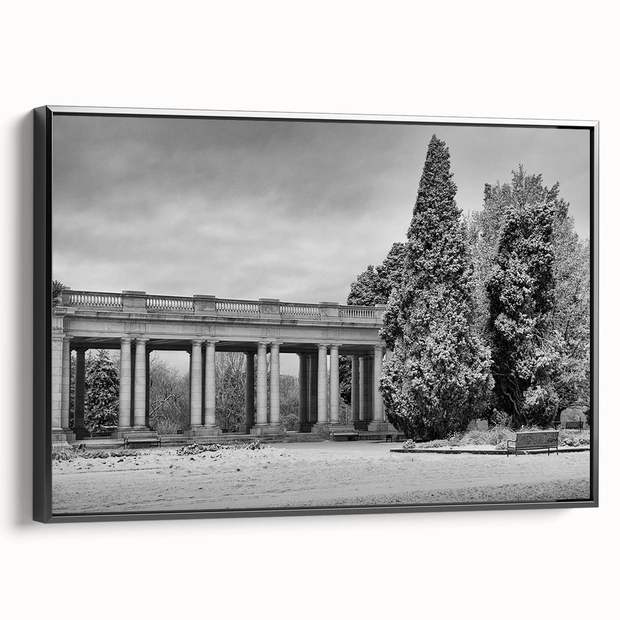 Black and white framed canvas of Denver landscape, ideal for bedroom wall art.