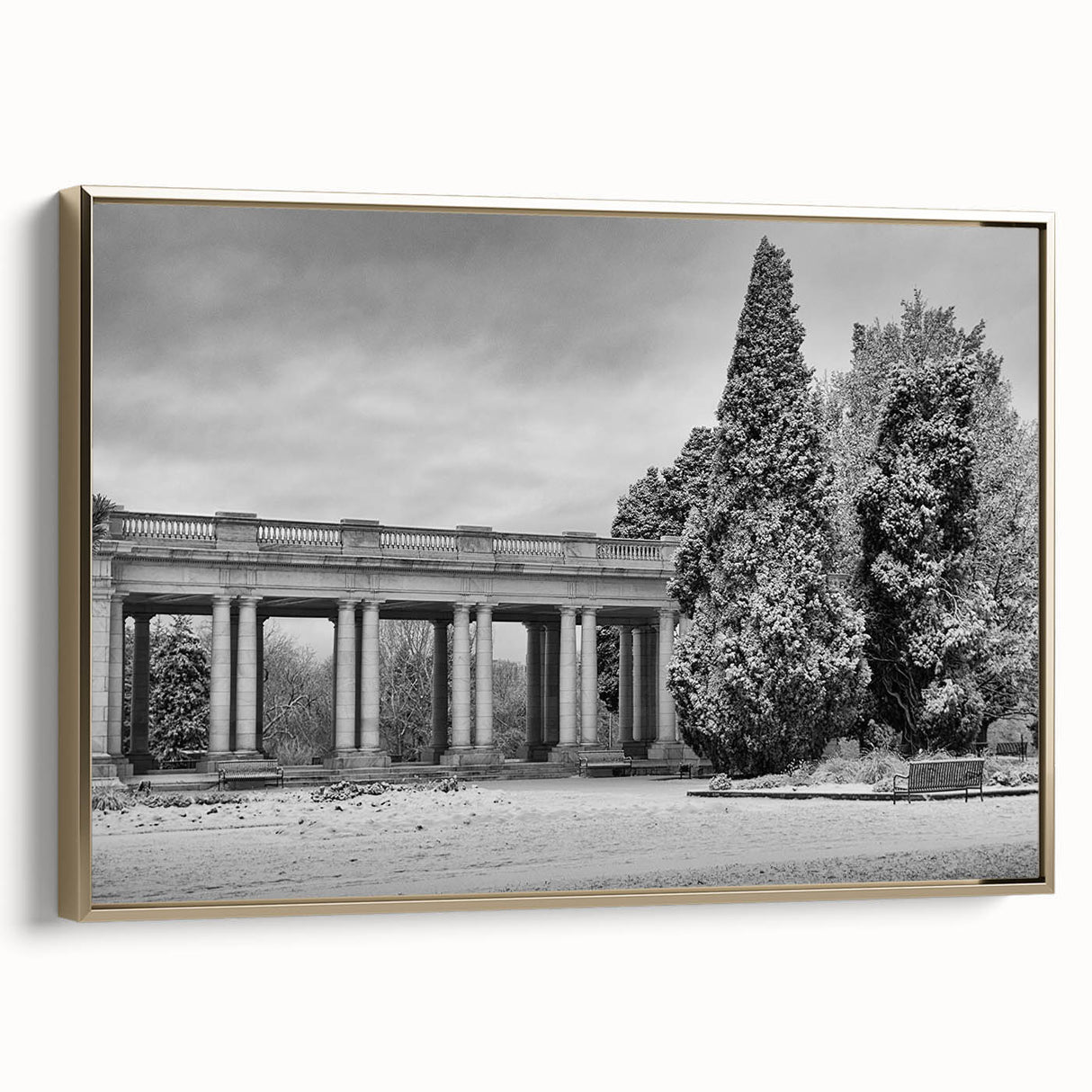 Framed canvas featuring a vintage-style Denver landscape in black with gold detailing, ideal for bedroom wall decor.