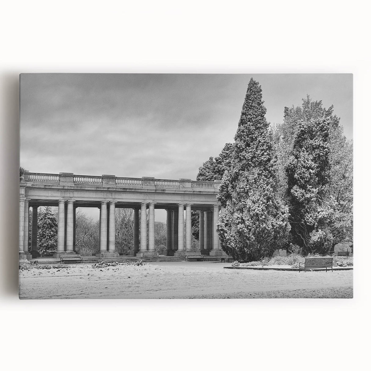 Black and white photograph of Denver skyline on large stretched canvas, suitable for kitchen art.