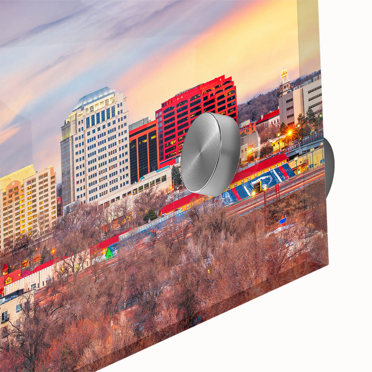 Large abstract wall art of Colorado Springs in muted earth tones on acrylic glass, ideal for dining room ambiance.
