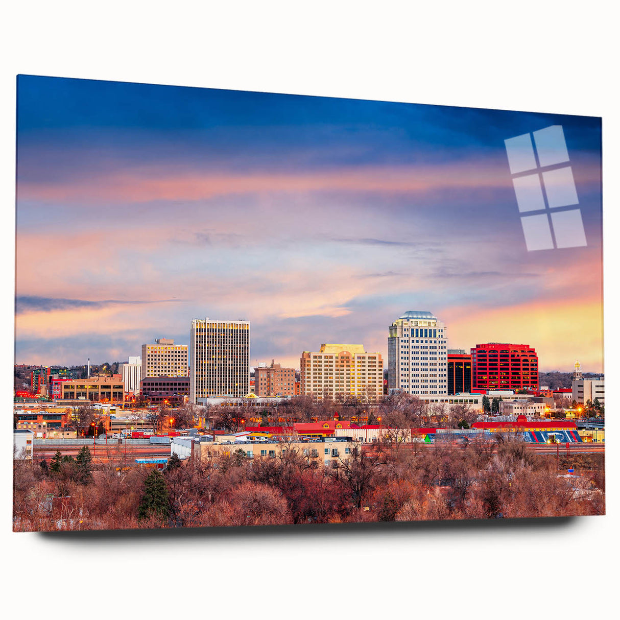 Large abstract wall art of Colorado Springs scenery on acrylic glass, in muted earth tones.