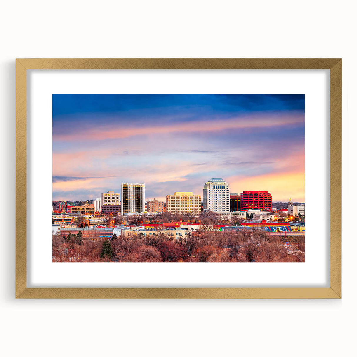 Extra large abstract art print of Colorado Springs in textured hues of blue and grey, framed in gold.