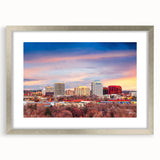 Textured abstract art print of Colorado Springs scenery in muted earth tones on a framed silver mat.