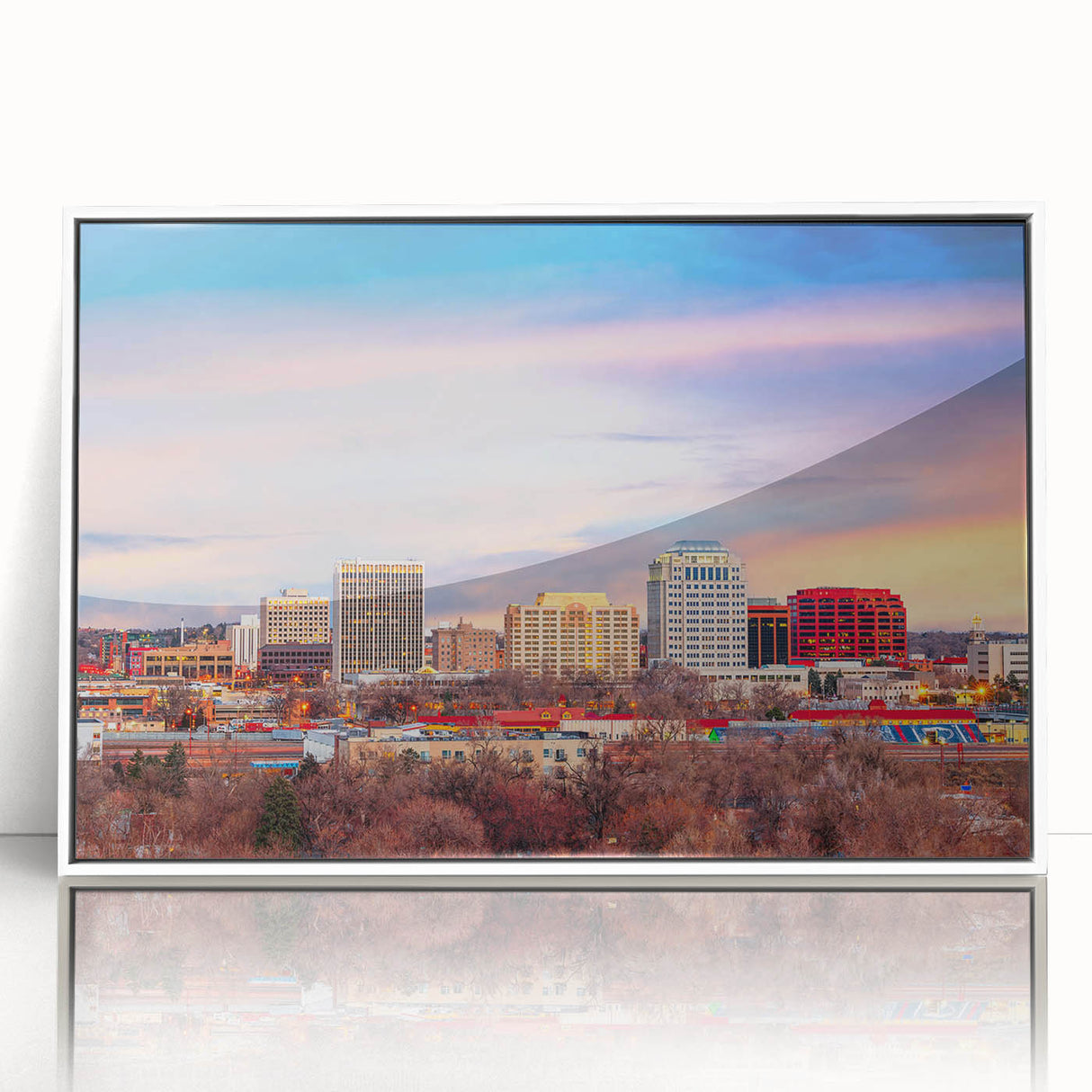 Art deco poster depicting Colorado Springs scenery in muted gray tones on framed acrylic, suitable for modern nursery decor.