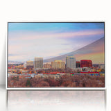 Art deco poster depicting Colorado Springs scenery in muted gray tones on framed acrylic, suitable for modern nursery decor.