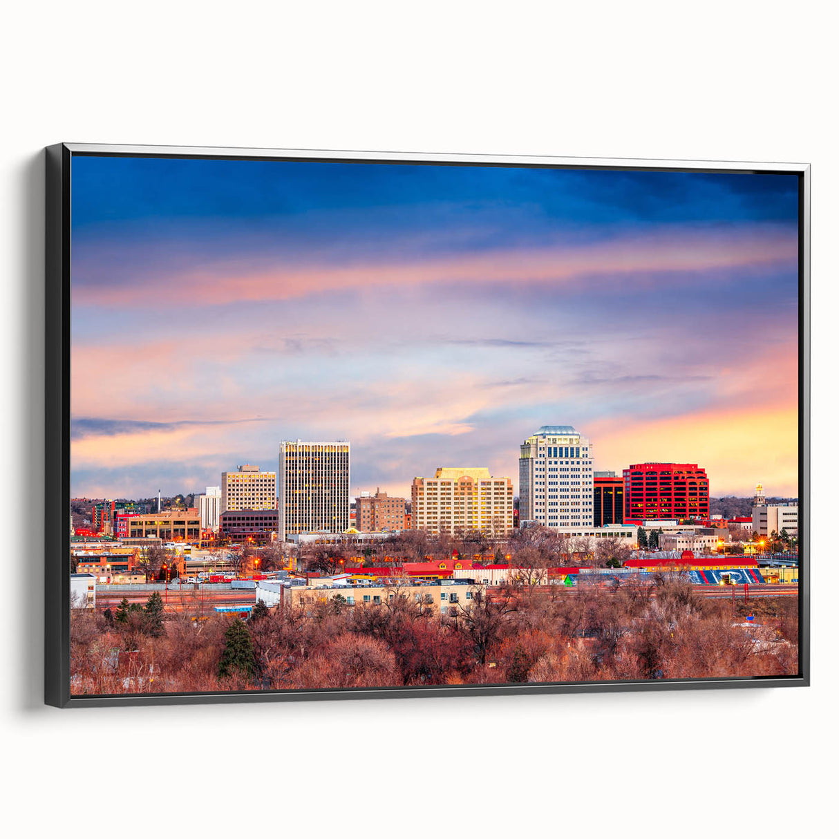 Framed canvas of a black and white vintage landscape painting of Colorado Springs, ideal for bedroom decor.