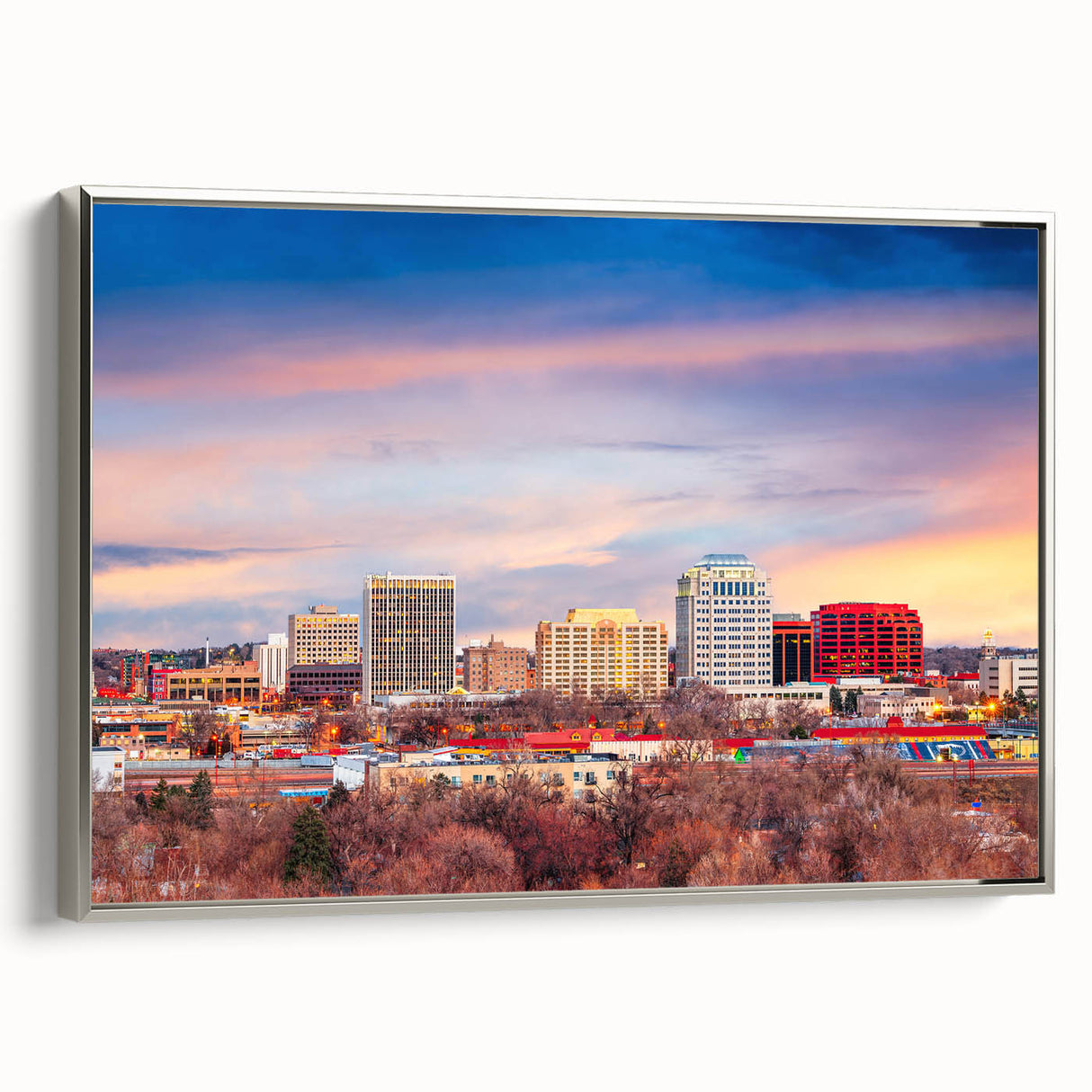 Landscape art painting of Colorado Springs with colorful palette on framed canvas, suitable for living room decor.