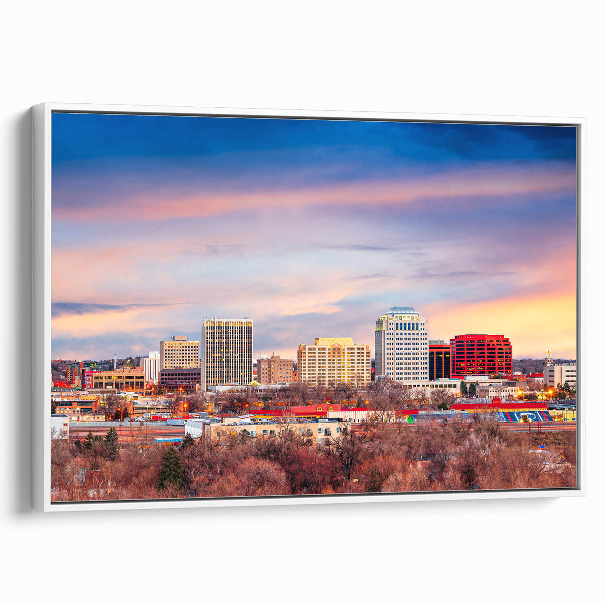 Vintage poster art of Colorado Springs with colorful palette on extra large framed canvas, ideal for living room decor.