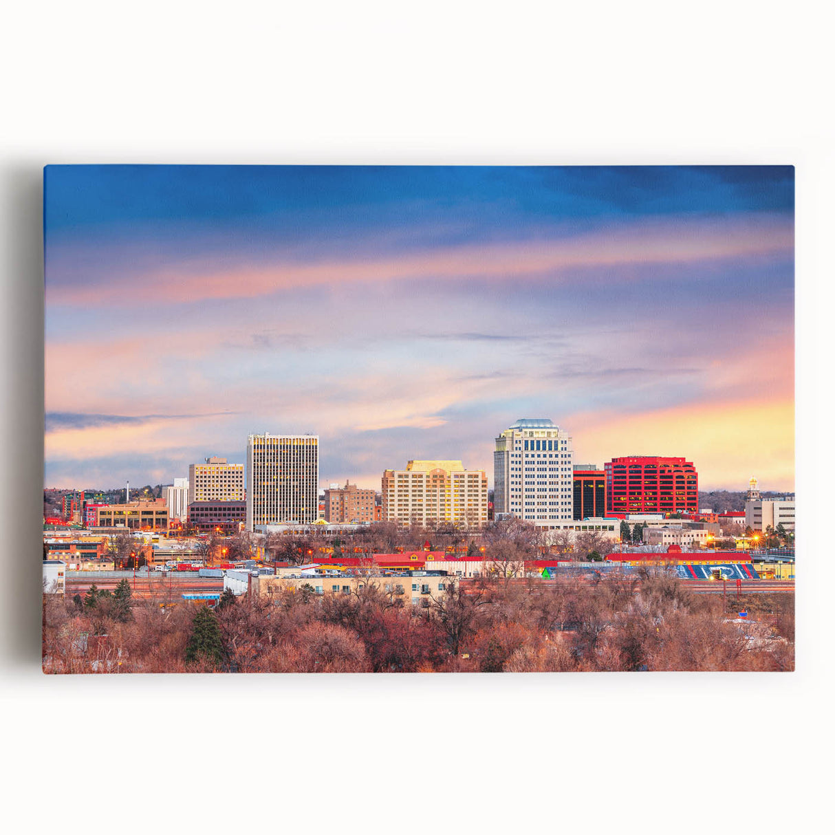 Black and white photograph of Colorado Springs on stretched canvas, suitable as large kitchen wall art.