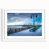 Abstract art print of Connecticut scenery in muted blue and green tones on a framed white mat, ideal for dining room decor.