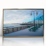 Mid-century modernist art of Connecticut scenery in gold and green tones, framed acrylic print.