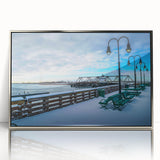 Mid-century modernist art depicting the Connecticut scenery in muted blues and greens on a framed acrylic.