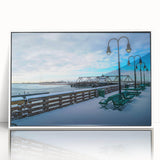 Art deco poster of Connecticut scenery in muted greens and blues on framed acrylic, suitable for modern nursery wall art.