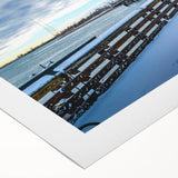 Art deco poster of Connecticut scenery in muted blue and green hues on rolled canvas, suitable for dining room decor.