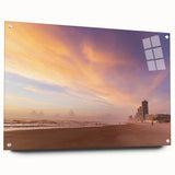 Large abstract wall art of Daytona scenery in muted blue and gray tones on acrylic glass.