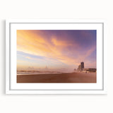 Abstract art print of Daytona scenery in muted blues and greens on a white framed canvas.