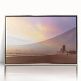 Mid-century modernist art of Daytona scenery in silver framed acrylic, featuring pastel blue and green tones.