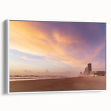 Vintage poster art of Daytona scenery on extra large framed canvas, featuring colorful elements against a black background.
