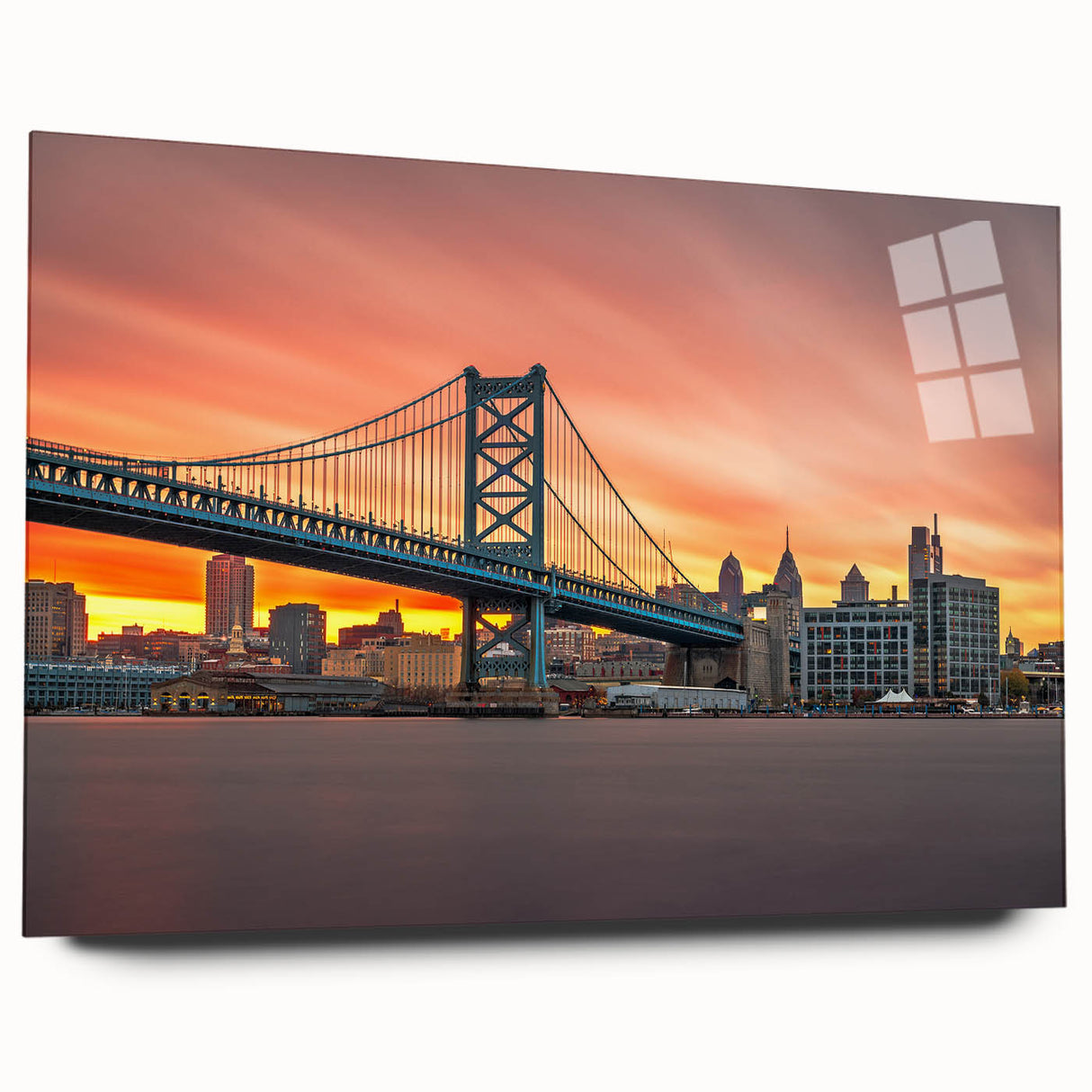 Large abstract wall art depicting Delaware scenery in muted earth tones on acrylic glass.
