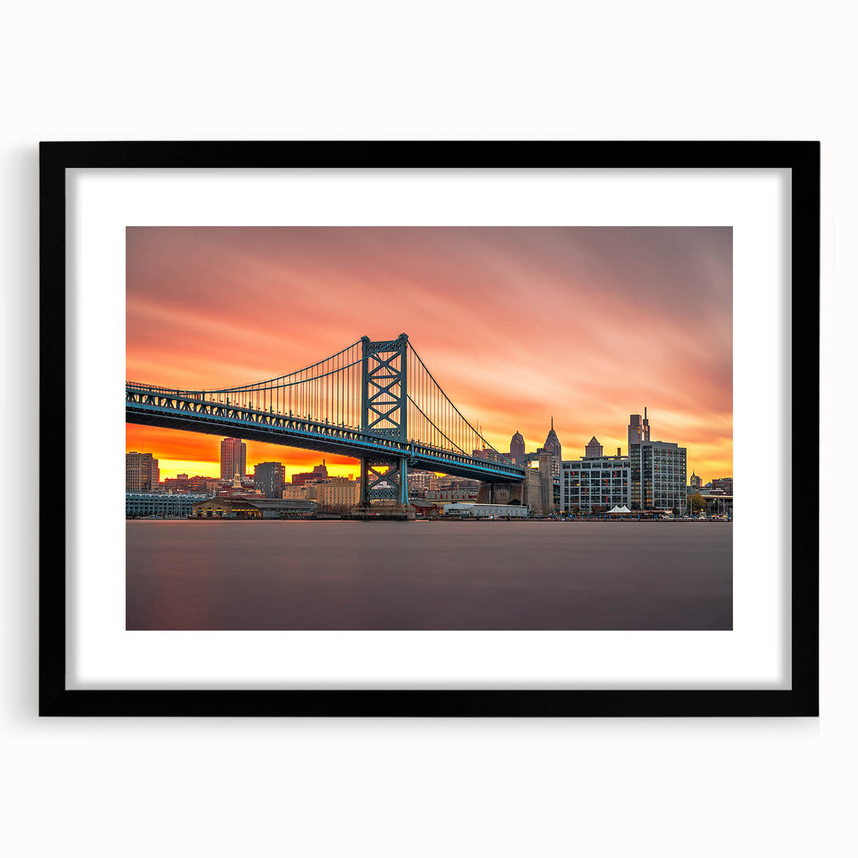 Extra large abstract art print of colorful, textured scenery of Delaware, set in a black frame with mat.