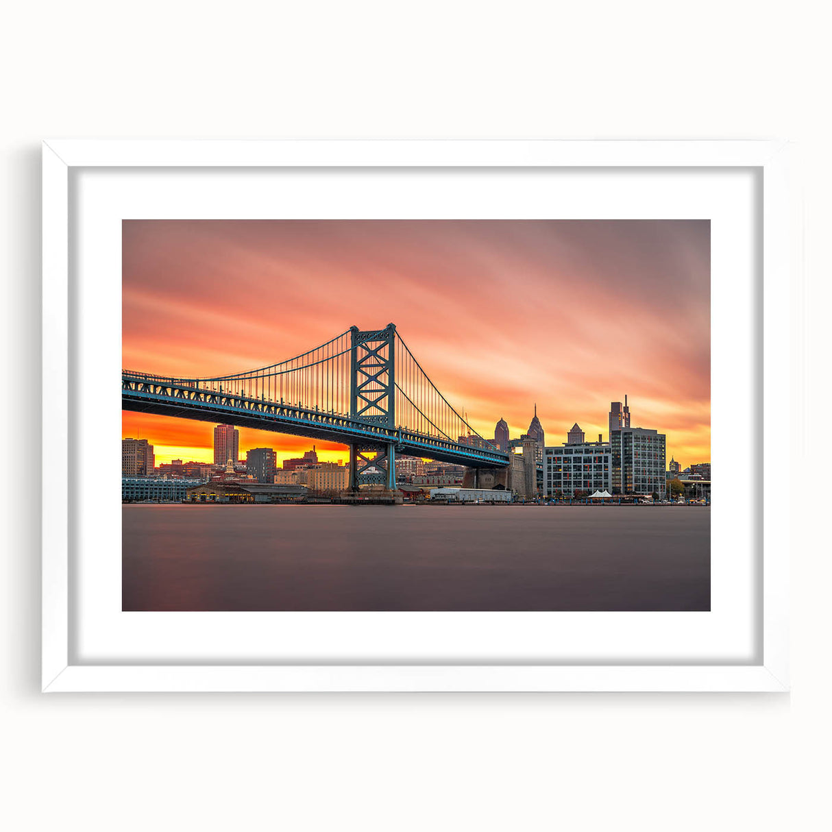 Abstract art print of Delaware scenery in muted earth tones on a framed white mat, suitable for dining room decor.