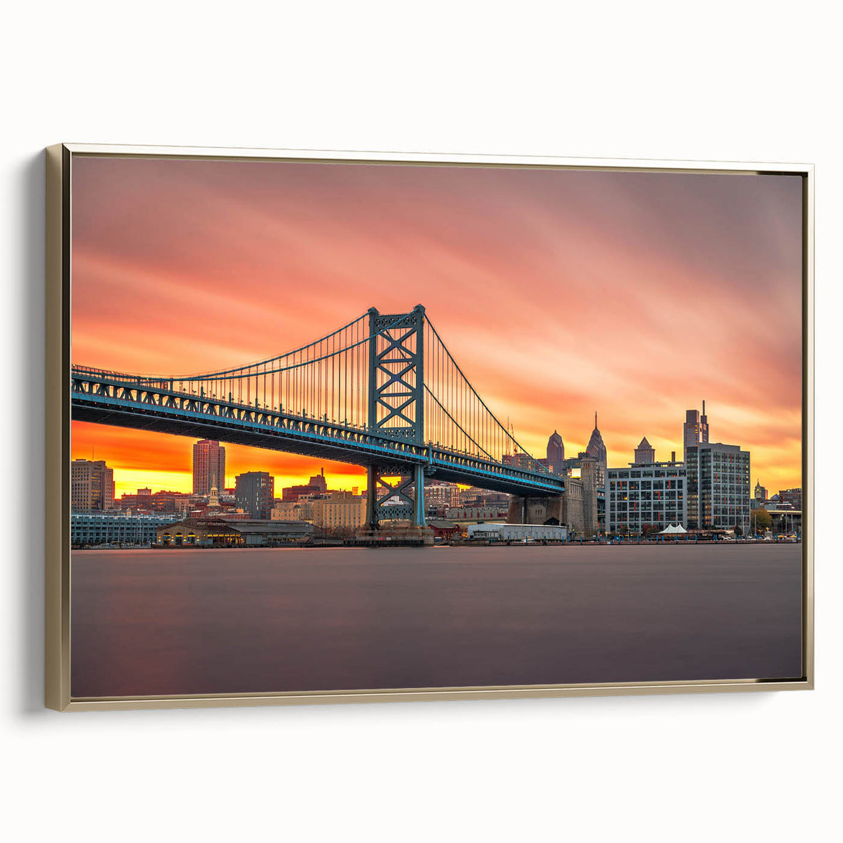 Framed canvas of a vintage Delaware landscape in black and gold tones, suitable for bedroom wall art.